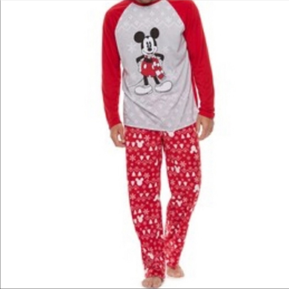 Disney Mickey Mouse Men's Holiday Christmas Pajama Set Red Grey